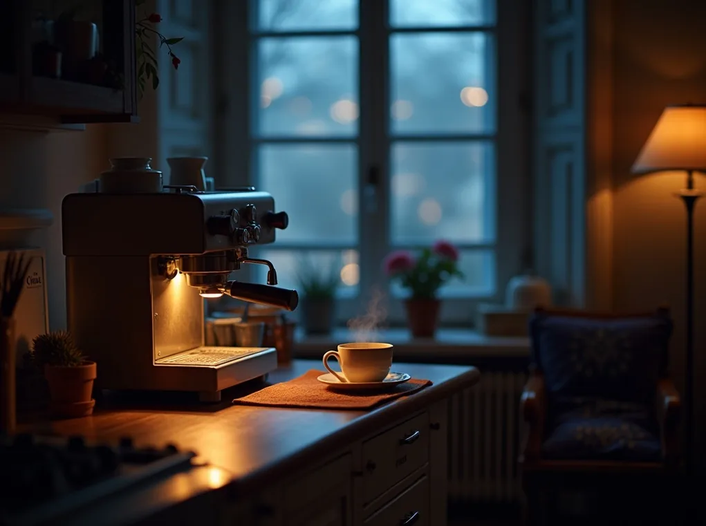 A cozy Italian apartment kitchen at dawn with a professional espresso machine glowing warmly