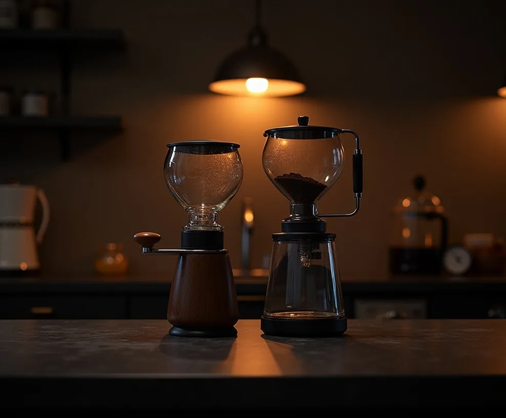 A grinder and espresso machine side by side on a dark slate counter in a dimly lit evening kitchen