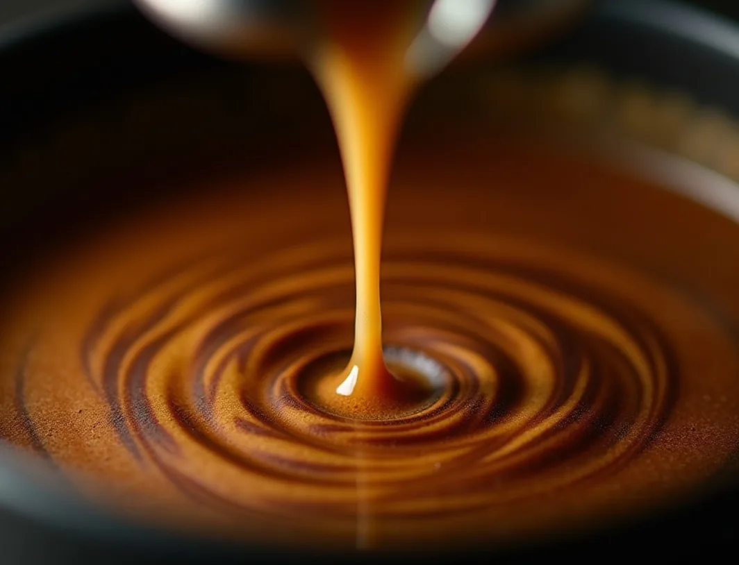 A macro shot of espresso crema forming with tiger-striping detail as it flows from a naked bottomless portafilter