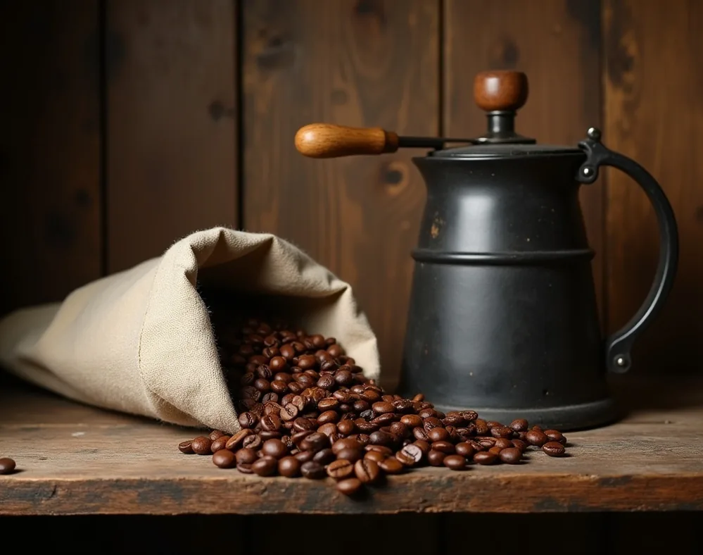 A quiet still life of freshly roasted coffee beans spilling from a canvas bag beside a vintage lever machine