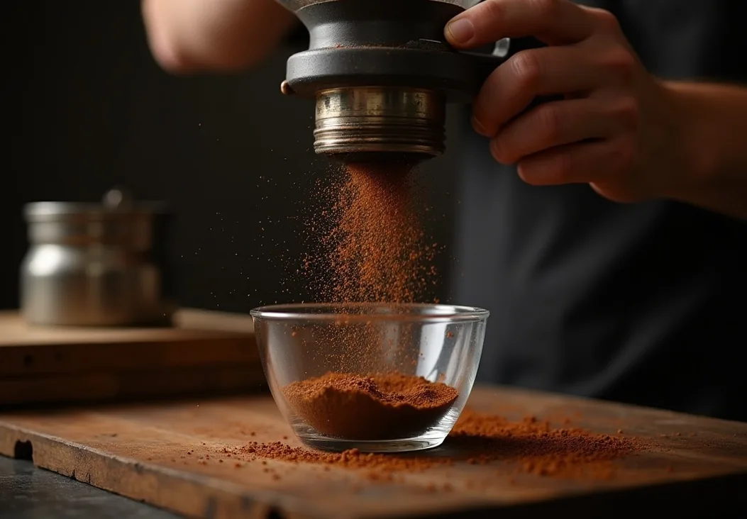 A single-dose grinder mid-operation with coffee grounds falling into a dosing cup captured in motion