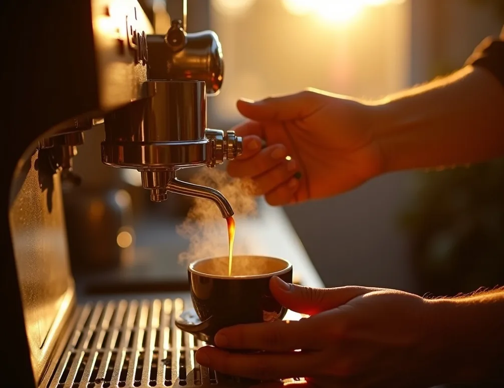 A skilled barista hands pulling a rich espresso shot from a lever machine in a warm sunlit home kitchen