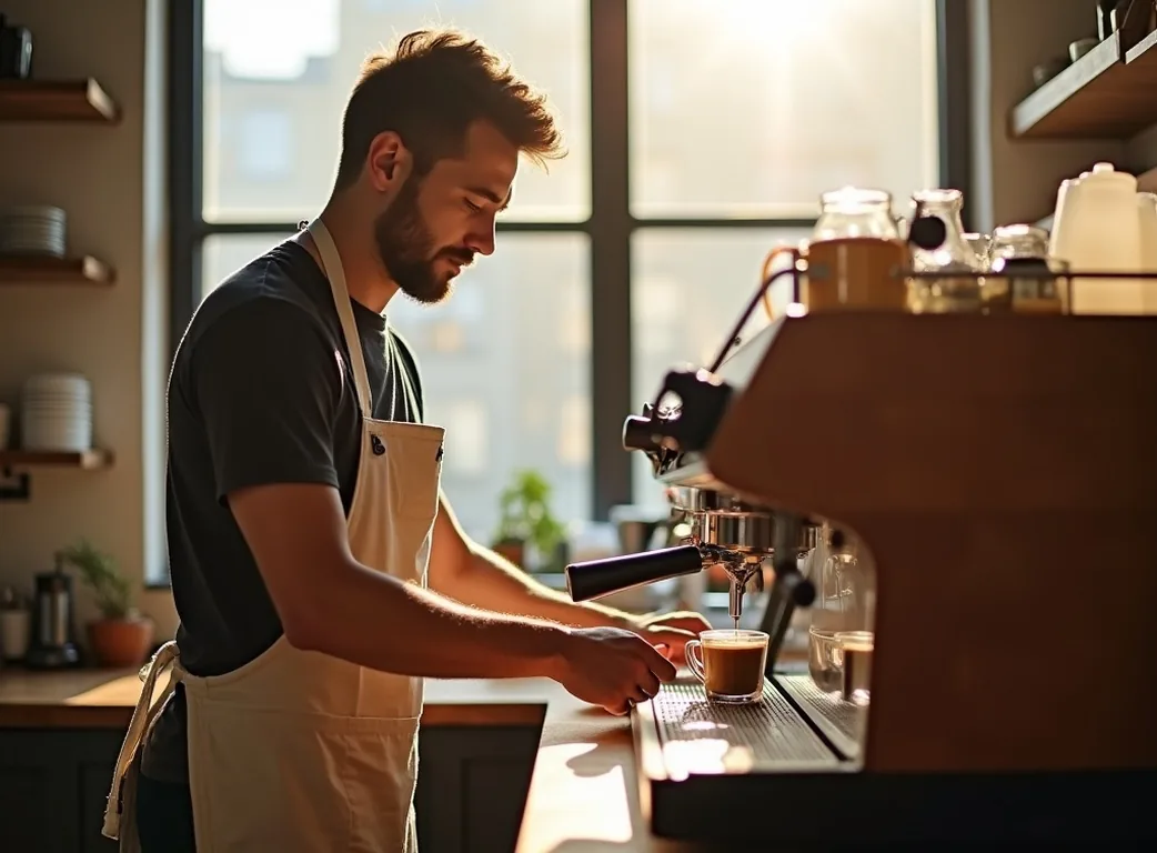 An enthusiast in a linen apron cleaning the group head of a wooden-paneled espresso machine in a bright kitchen