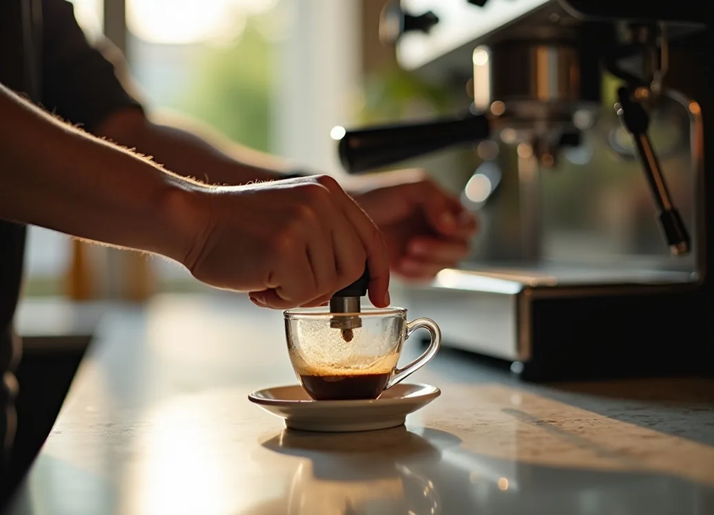 Close-up of hands tamping fresh ground coffee into a portafilter on a marble countertop in morning light