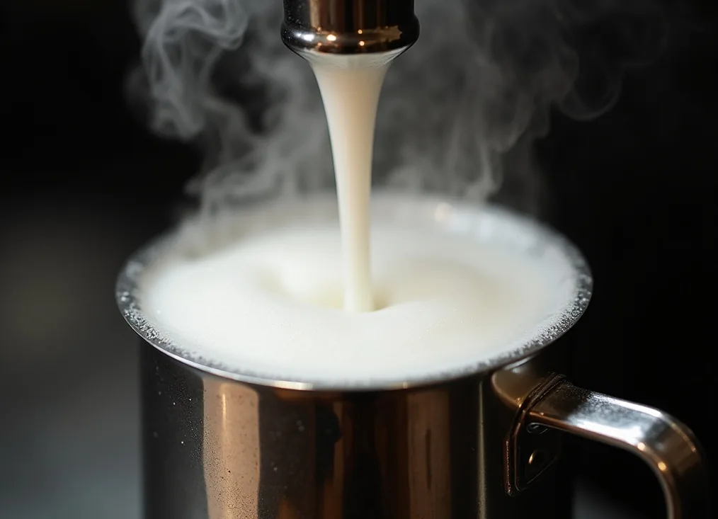 Close-up of steaming milk being frothed at a steam wand with dense microfoam swirling in a stainless pitcher