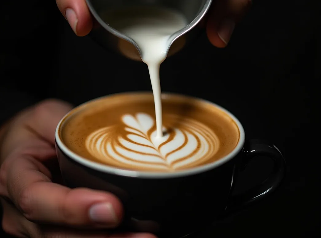 Latte art being poured into a cup by a barista with milk swirling into a delicate rosetta pattern