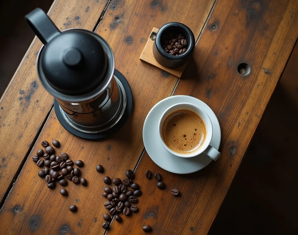 Overhead scene of a coffee ritual laid out on a rustic wooden table with a portafilter and scattered coffee