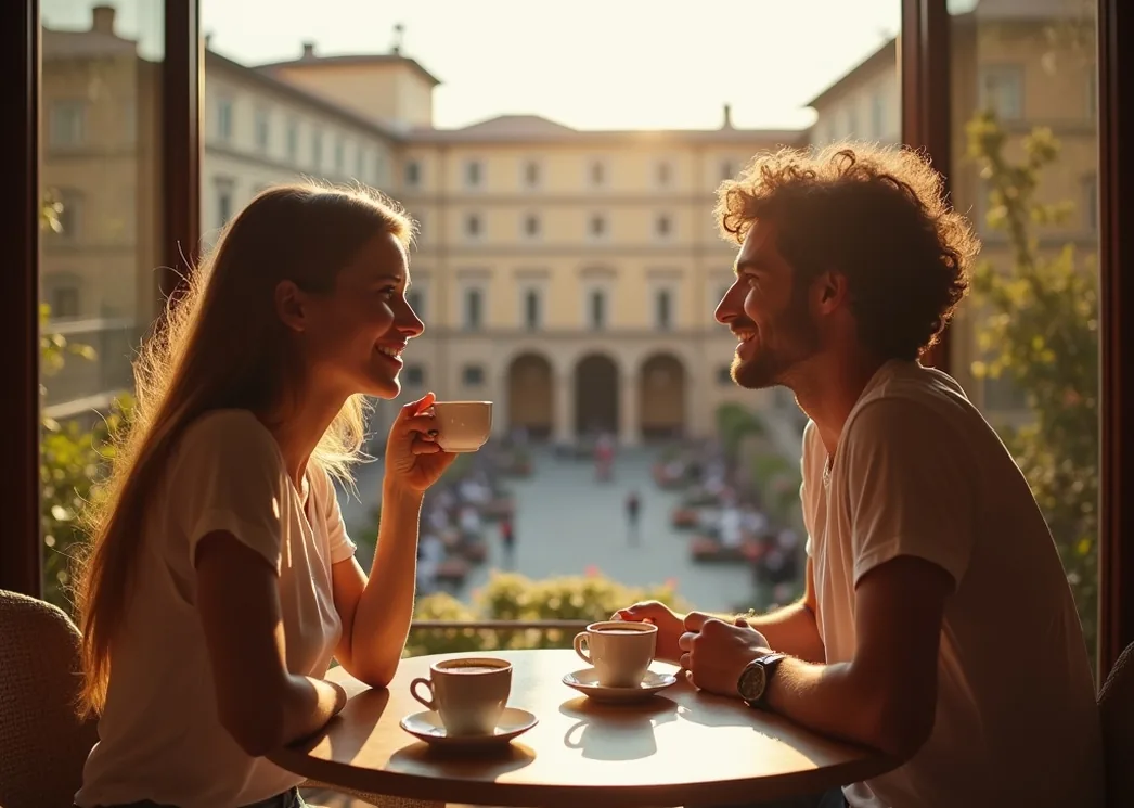 Two friends sharing morning coffee on a sunlit terrace overlooking an Italian courtyard