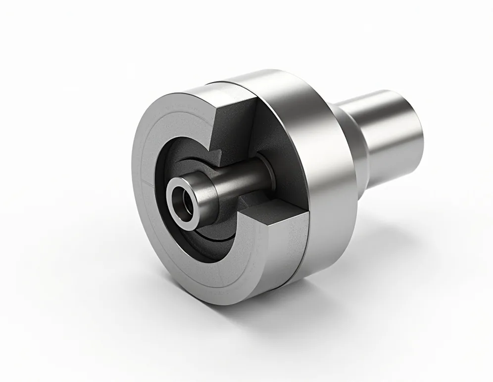 Cross-section technical style catalog render of a single-dose conical burr grinder revealing the vertical path