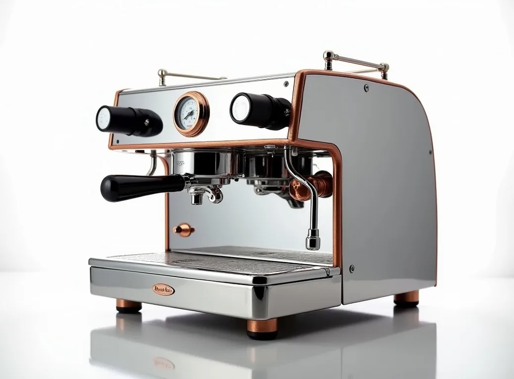 Elegant three-quarter view of a chrome E61 dual boiler espresso machine with dual professional manometers