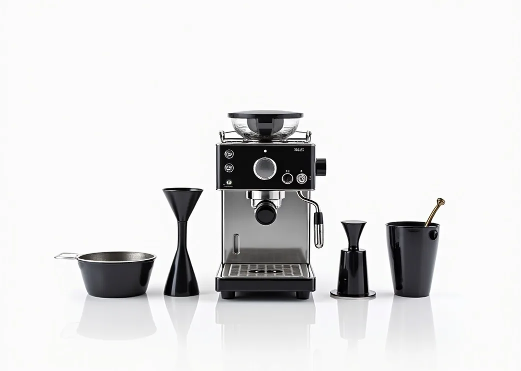 Family shot arrangement of a double boiler espresso machine placed alongside its matching portafilter