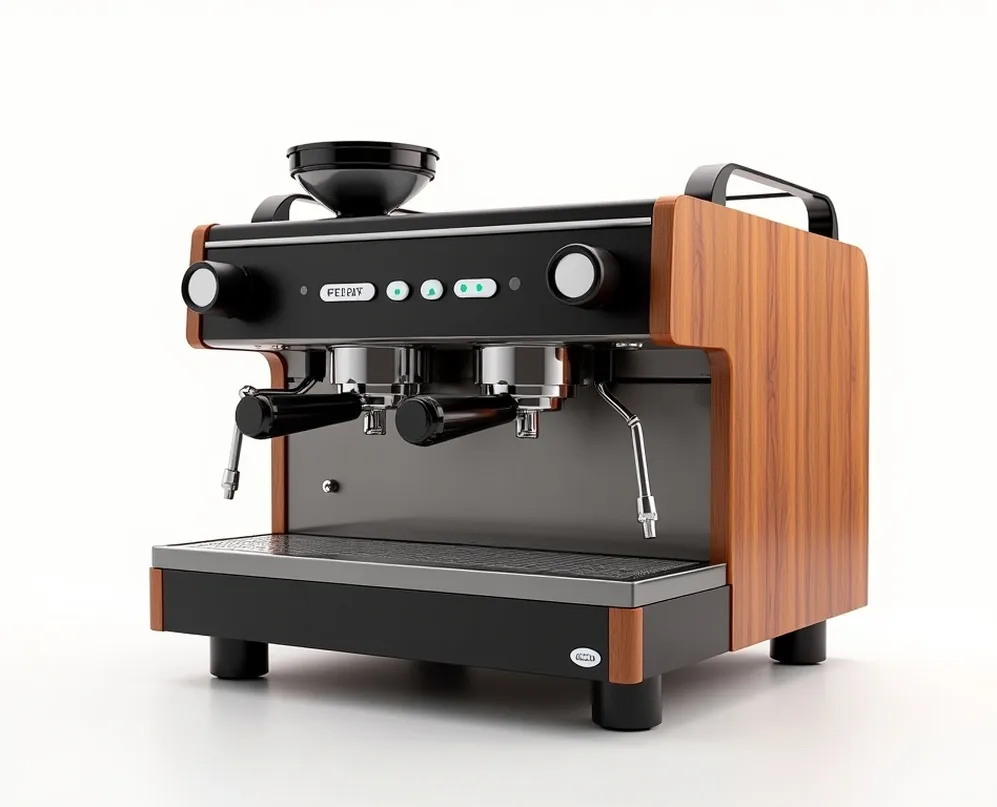 Front-facing hero shot of a dual boiler espresso machine with natural wood side panels and a flow control paddle