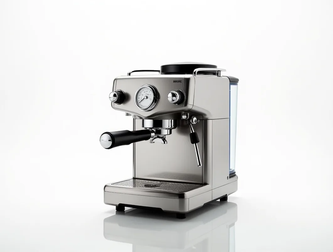 Hero shot of a premium spring-lever espresso machine with polished stainless steel body and tall chrome group