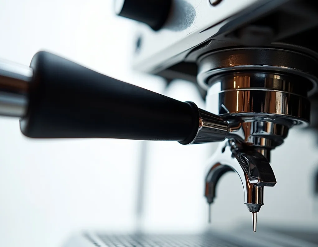 Macro close-up of a manual piston lever mechanism and brushed stainless steel group head of a professional machine