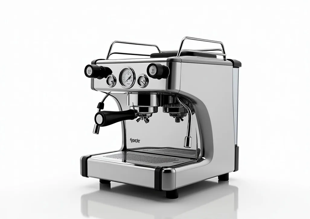 Three-quarter angle catalog shot of a chrome E61 double boiler espresso machine with two round pressure gauges