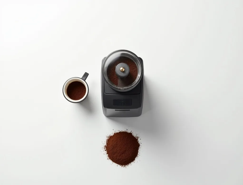 Top-down flat lay of a compact touchscreen coffee grinder with 55 mm flat burrs shown beside a portafilter